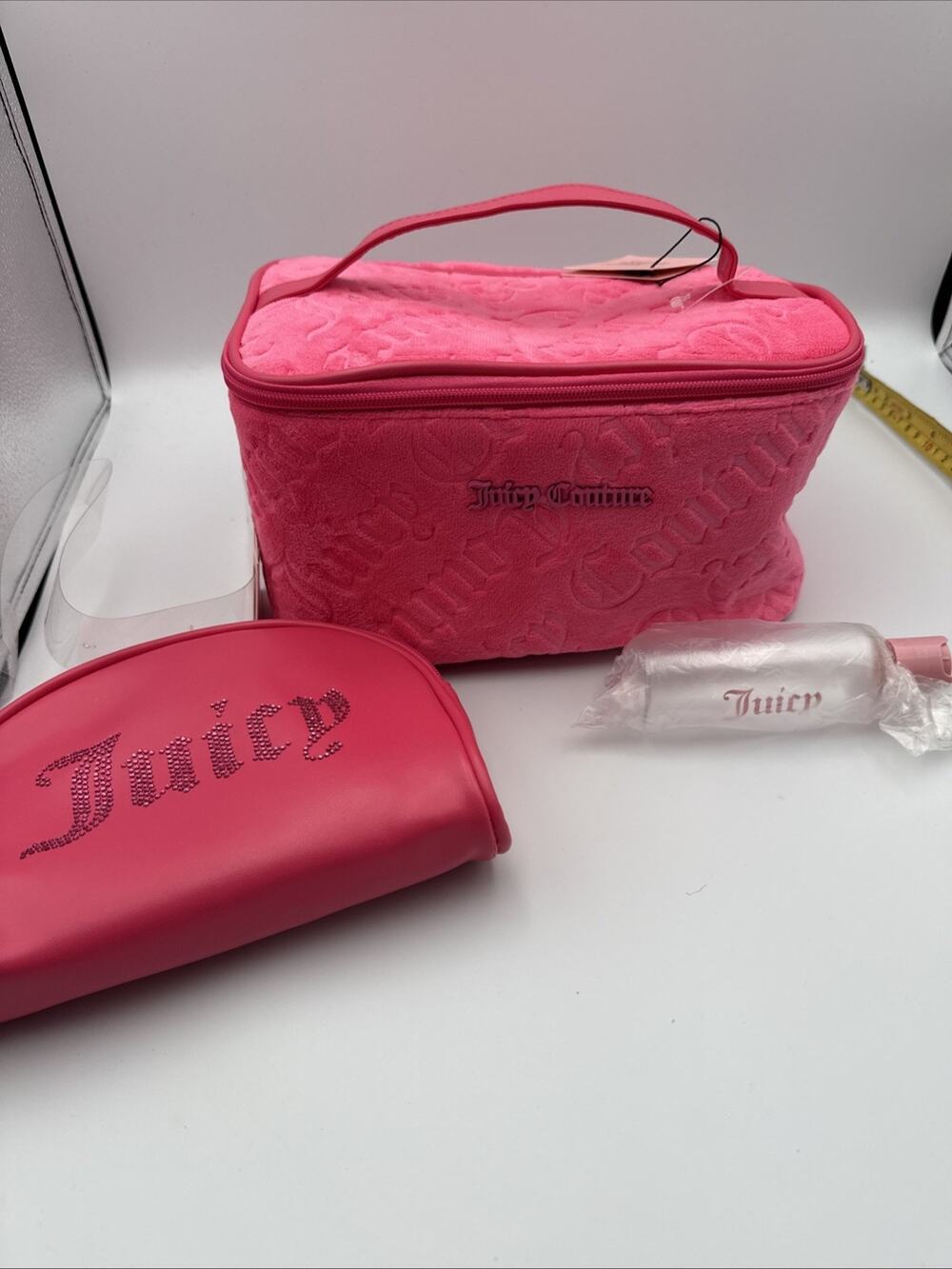 Set Of 3 Juicy Couture Pink Velour Train Case Makeup Bag Travel Cosmetic Case